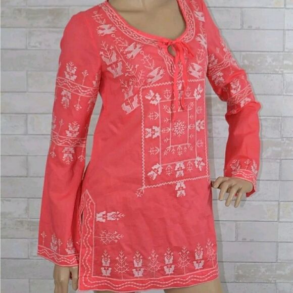 Monoreno coral with white embroidered blouse size small long sleeve & tie - Picture 3 of 7